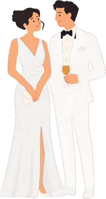 Illustration of the couple in white: a woman in a long white gown and a man in a white suit