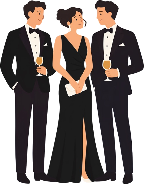 Illustration of three guests in black: two men in black tuxedos and a woman in a long black gown